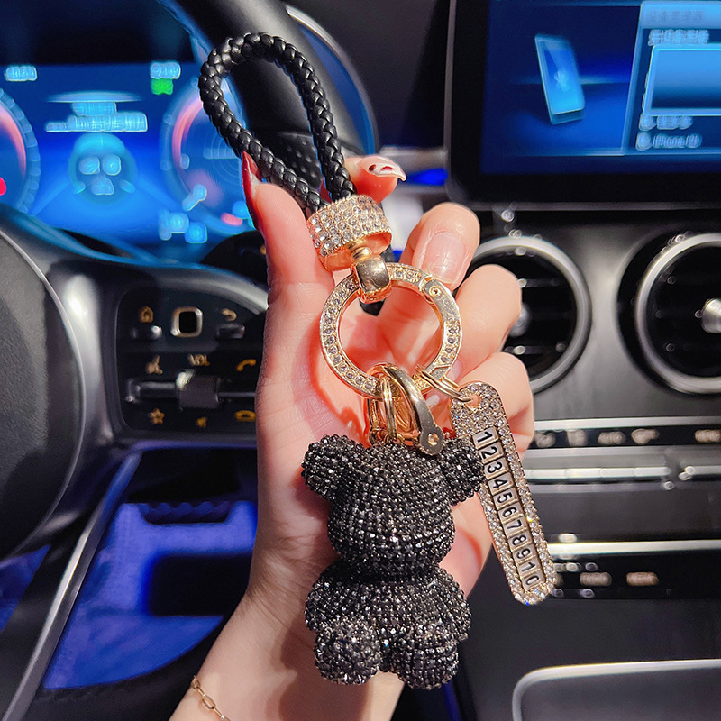 Fashion Rhinestone Keychain Bling Bear Keyring Diamond Small Bear Wristlet Keychain Pendant pom pom Bear Keychain