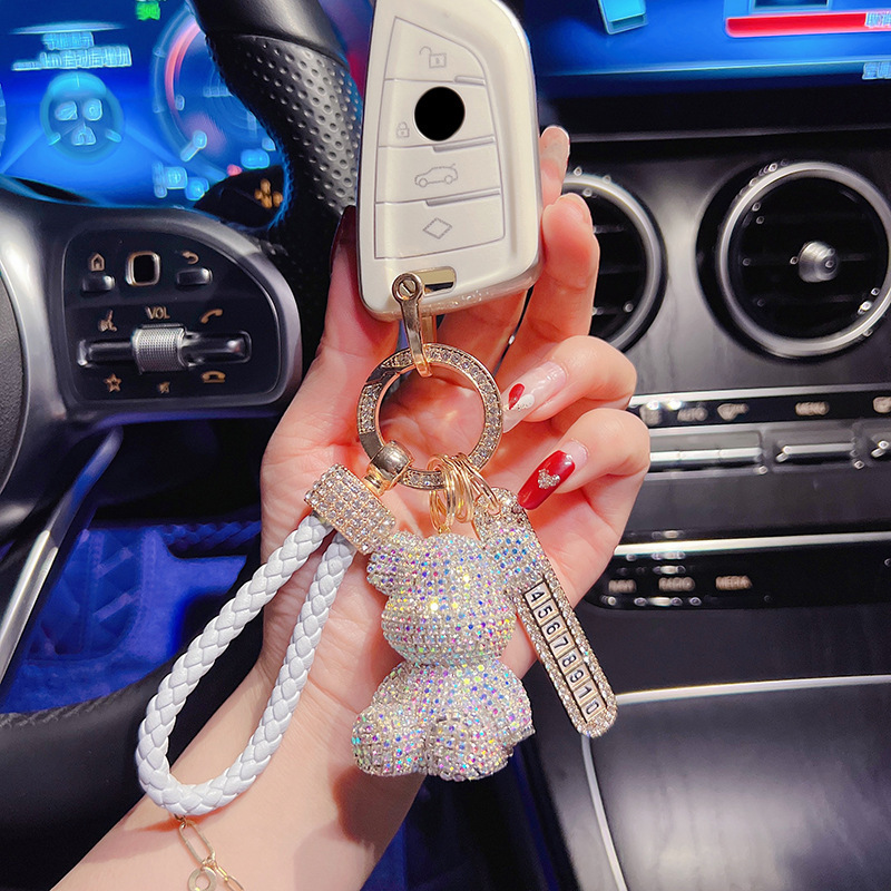 Fashion Rhinestone Keychain Bling Bear Keyring Diamond Small Bear Wristlet Keychain Pendant pom pom Bear Keychain