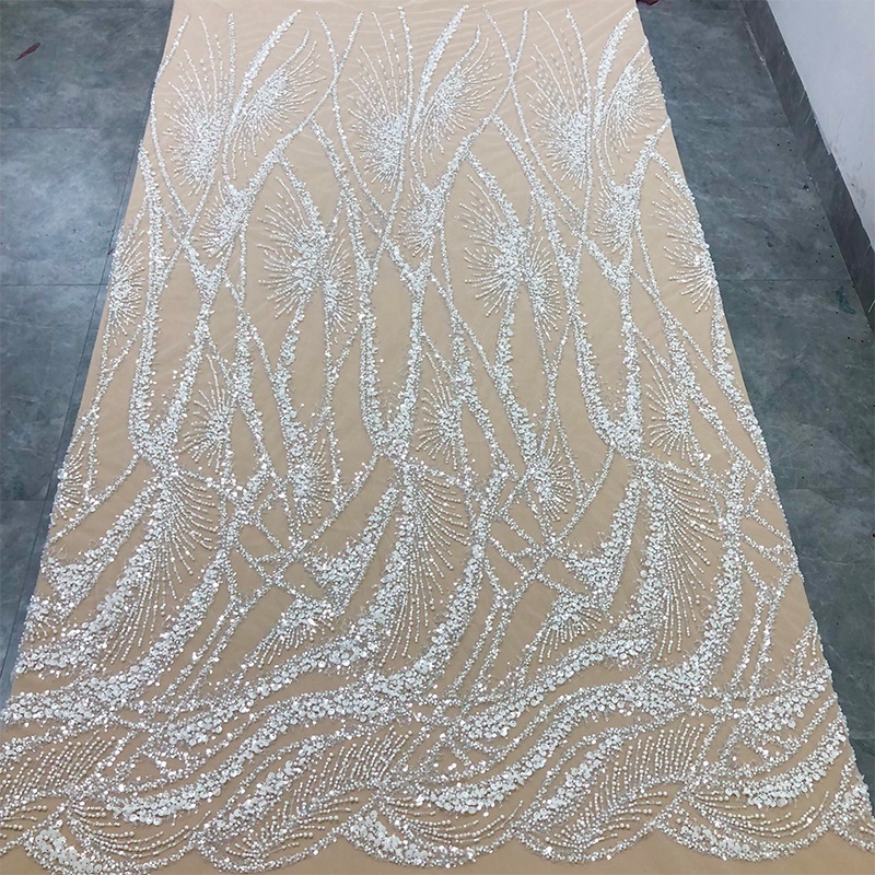 Hot selling style tube bead embroidery lace fabric pearl sequin lace fabric wedding dress fabric WS-2679