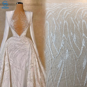 Hot selling style tube bead embroidery lace fabric pearl sequin lace fabric wedding dress fabric WS-2679