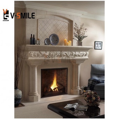 Artistic Modern Fire Surround Fireplace Indoor Decorative Natural Stone Beige Marble Fireplace Surround