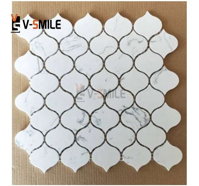 Basketweave white marble mosaic tile polished with black dots