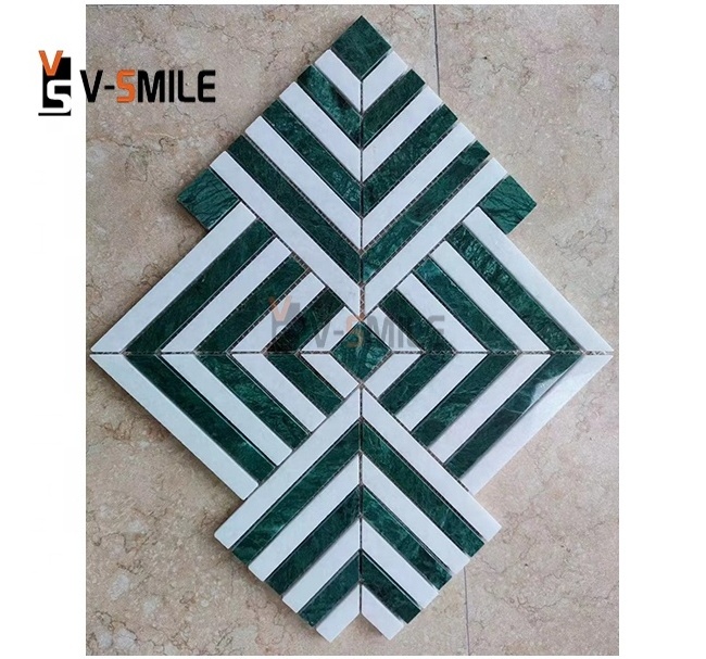 Retro Classic Design Indian Green Waterjet Parquet Wall Floor Stone Green Marble Mosaic Tiles