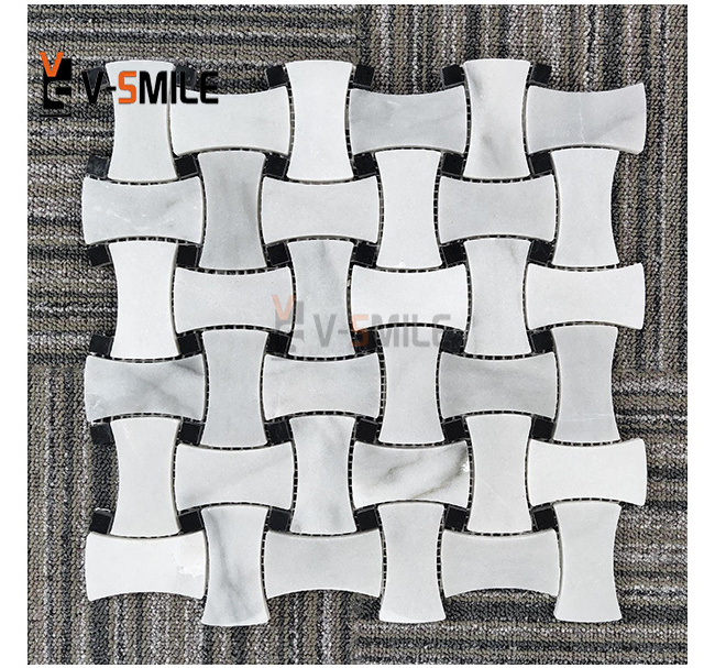 Basketweave white marble mosaic tile polished with black dots