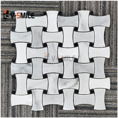 Basketweave white marble mosaic tile polished with black dots