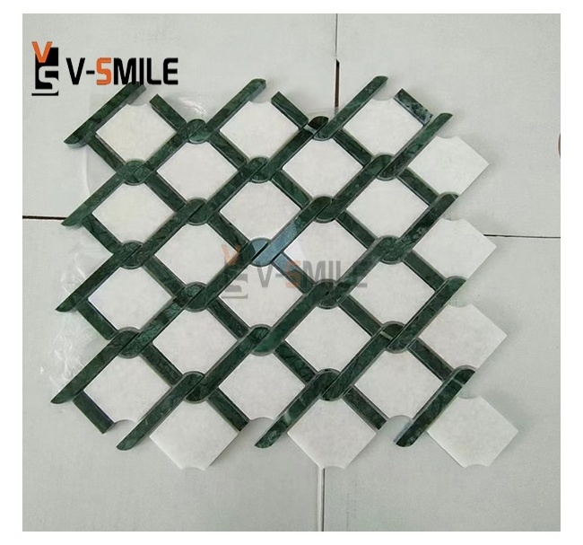 Retro Classic Design Indian Green Waterjet Parquet Wall Floor Stone Green Marble Mosaic Tiles