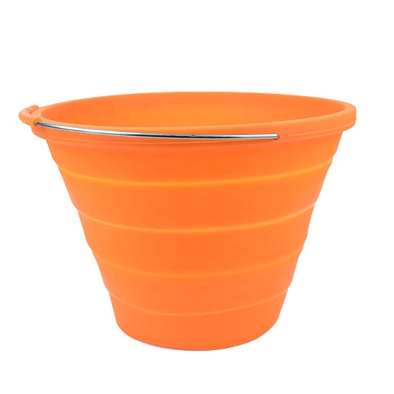 Big Storage Size 10 Liters Foldable Fishing Bucket Portable Silicone Collapsible Buckets With Stainless Steel Handle