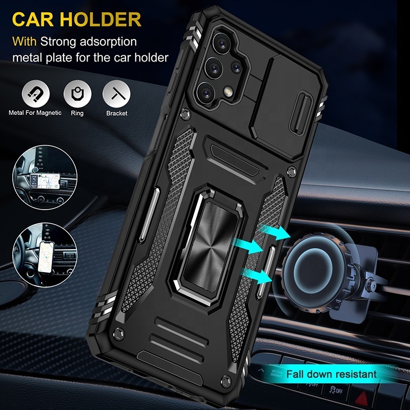 2 in 1 Dual Layer Armor TPU PC Slide Camera Back Cover with Ring Holder Coque Mobile Phone Case for Samsung Galaxy a32 4g