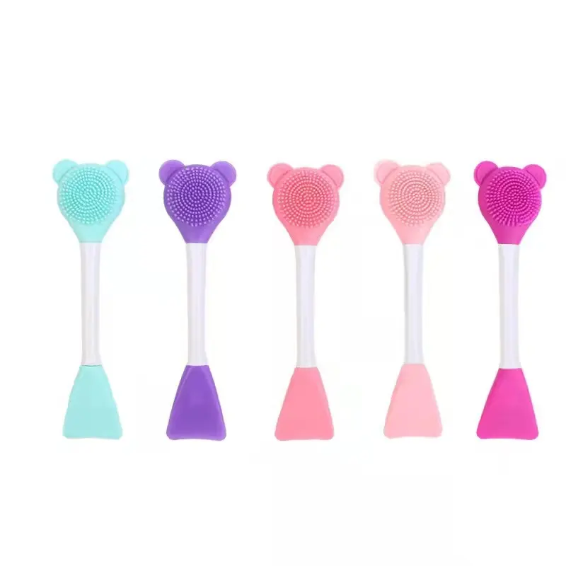 15cm Hot Sale Double Side Cute Bear Silicone Lip Brush Exfoliating Nose Clean Blackhead Removal Brushes With Cream Spatula