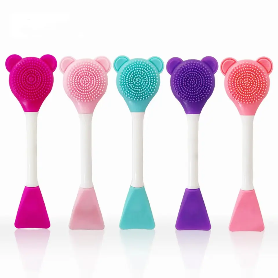 15cm Hot Sale Double Side Cute Bear Silicone Lip Brush Exfoliating Nose Clean Blackhead Removal Brushes With Cream Spatula