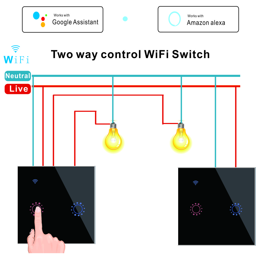 Weiwo EU/US Smart WiFi APP / Touch Control Wall Light Switch 1 /2 /3 Gang Type Wifi Switch Smart Home 2gang  2 way switch