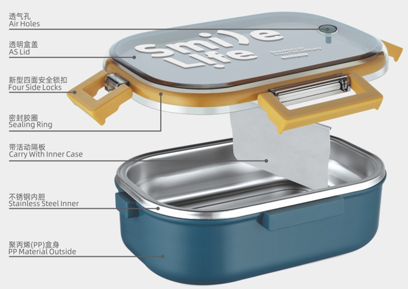 Homio Tedemei 6541 980ml safe grade portable 2 compartments leak-proof Vent hole lunch bento box student worker stainless steel