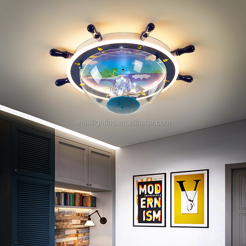 2023 Latest Children's Room Ceiling Light LED Creative Pirate Ship Rudder Ceiling Light Boys' Room Bedroom Ceiling Light