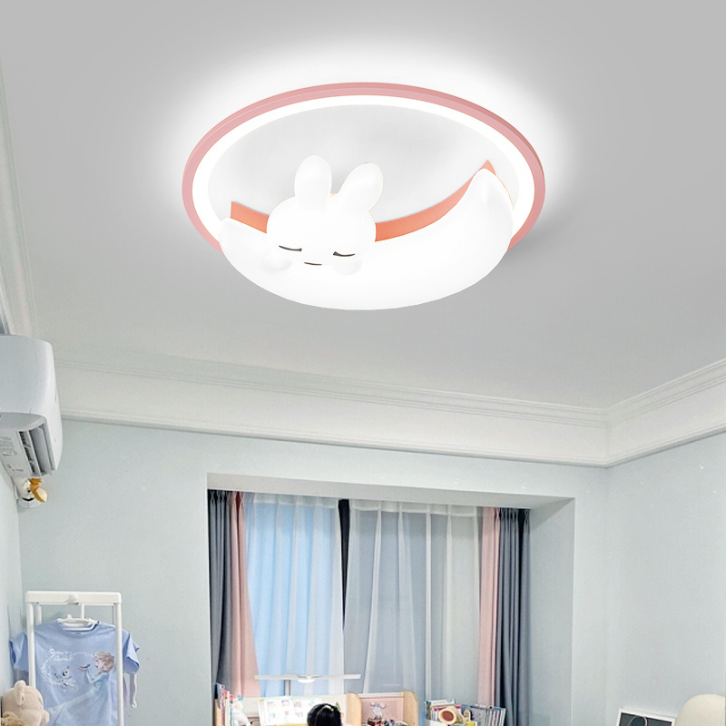 Good night Rabbit Baby LED Ceiling Light 62W Pink/Blue Children's Room chandelier Iron Art Acrylic Ceiling Lights