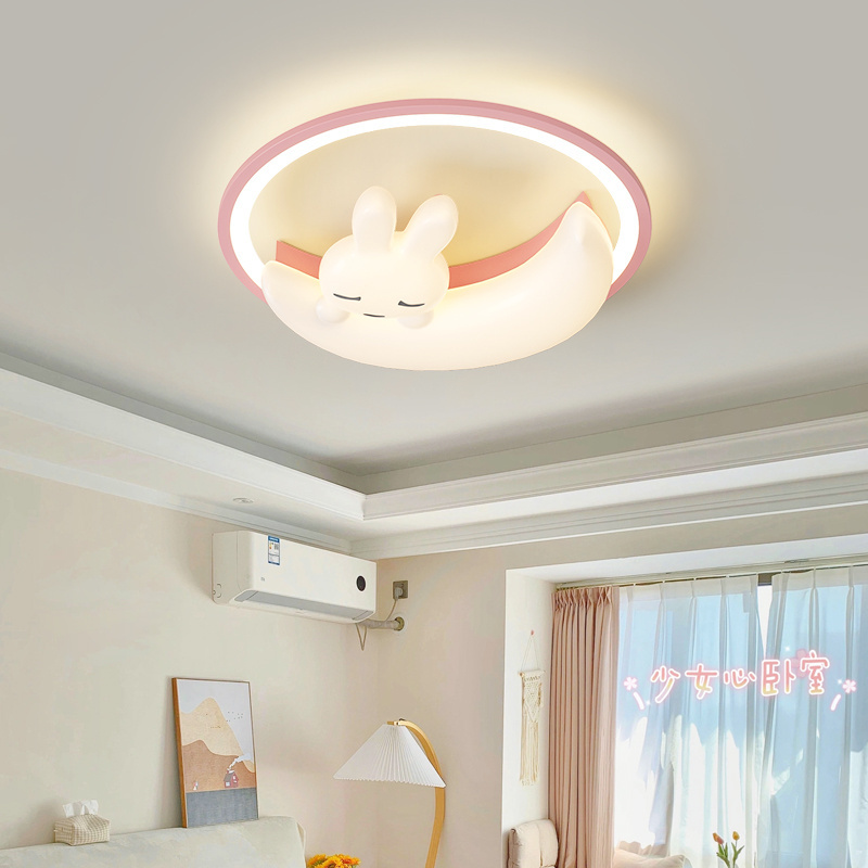 Good night Rabbit Baby LED Ceiling Light 62W Pink/Blue Children's Room chandelier Iron Art Acrylic Ceiling Lights