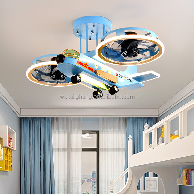 Creative Children's Room Fan with Light Helicopter Model Room Ceiling Boys' Bedroom Aircraft Fan Light