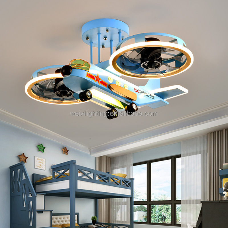 Creative Children's Room Fan with Light Helicopter Model Room Ceiling Boys' Bedroom Aircraft Fan Light