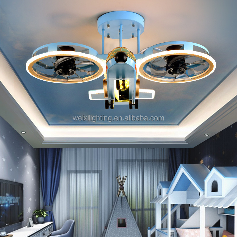 Creative Children's Room Fan with Light Helicopter Model Room Ceiling Boys' Bedroom Aircraft Fan Light