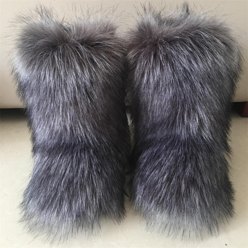 Factory wholesale winter snow faux mongolian women fur boots with fur ladies fake outside raccoon thigh high full cover