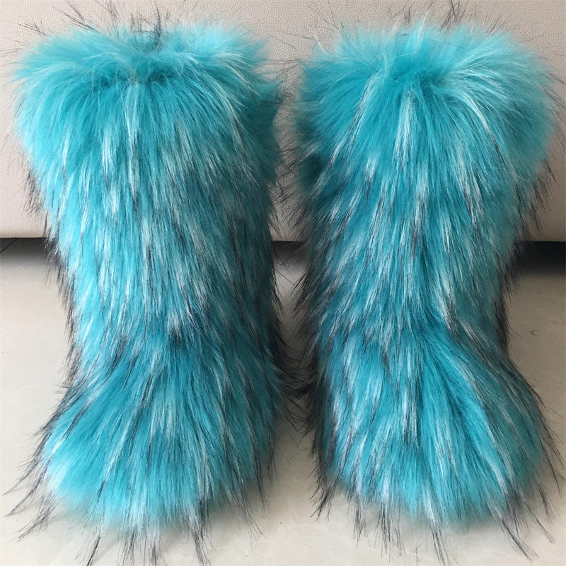 fashion and popular fake outside raccoon thigh high full  fuzzy boots Thick Soles Large Size women teddy curly fur boot