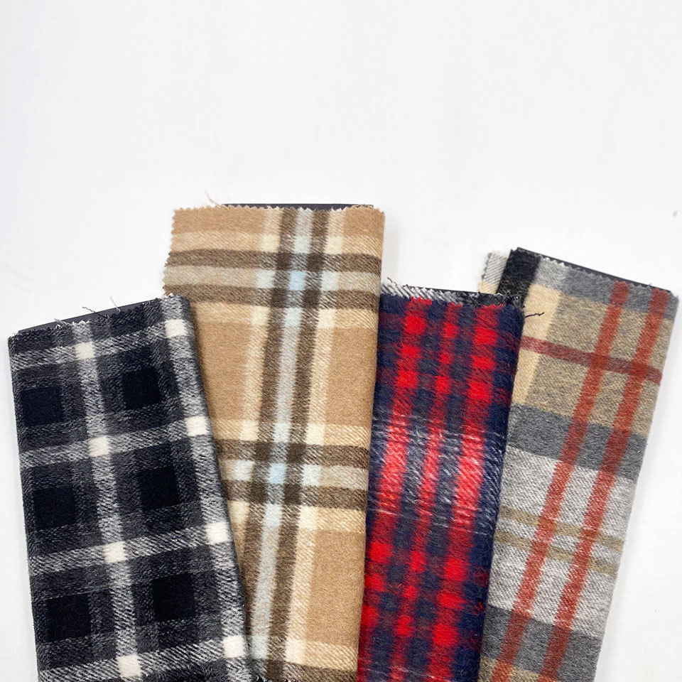 Winter woolen coat pants bag scottish tartan plaid polyester brushed tweed fabric for man women