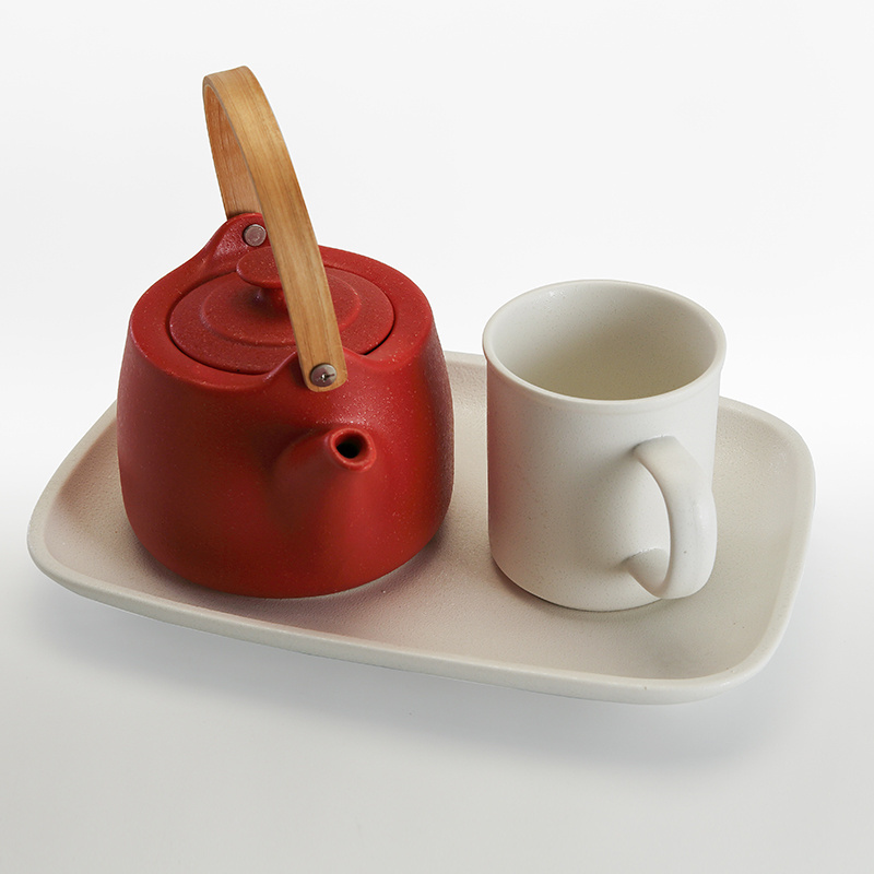 WEIYE 2021 new arrival ceramic teapot bamboo holder with cup and plate 3pcs Porcelain coffee set tea pot