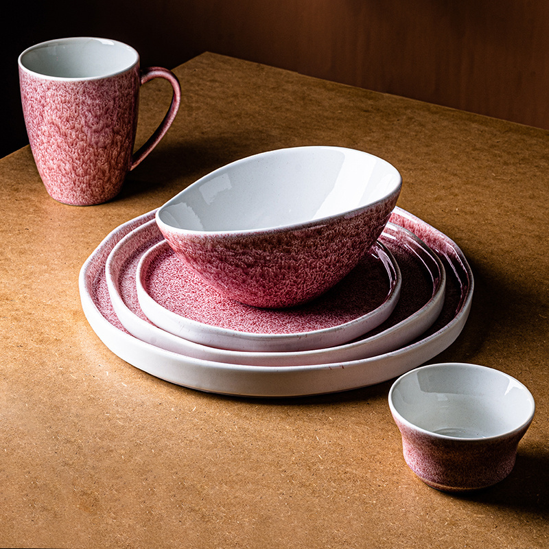 WEIYE Wholesale antique crockery Matte Pink white Glazed  Ceramic Hotel Restaurant  dinner set Stoneware Dinnerware Sets