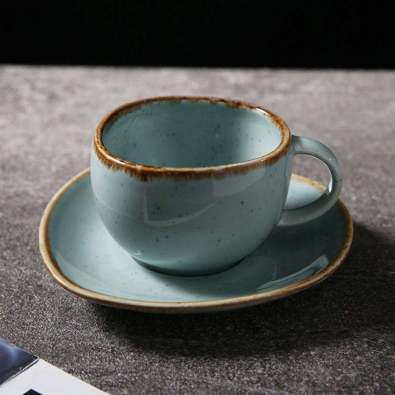 WEIYE Wholesale Ceramic Reactive Glaze Coffee Cups Espresso Glazed Ceramic tea Cup Irregular Shape cup with saucer