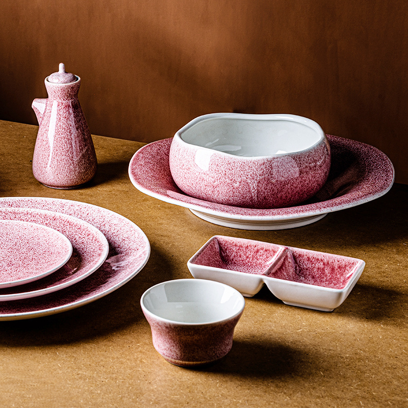 WEIYE Wholesale antique crockery Matte Pink white Glazed  Ceramic Hotel Restaurant  dinner set Stoneware Dinnerware Sets