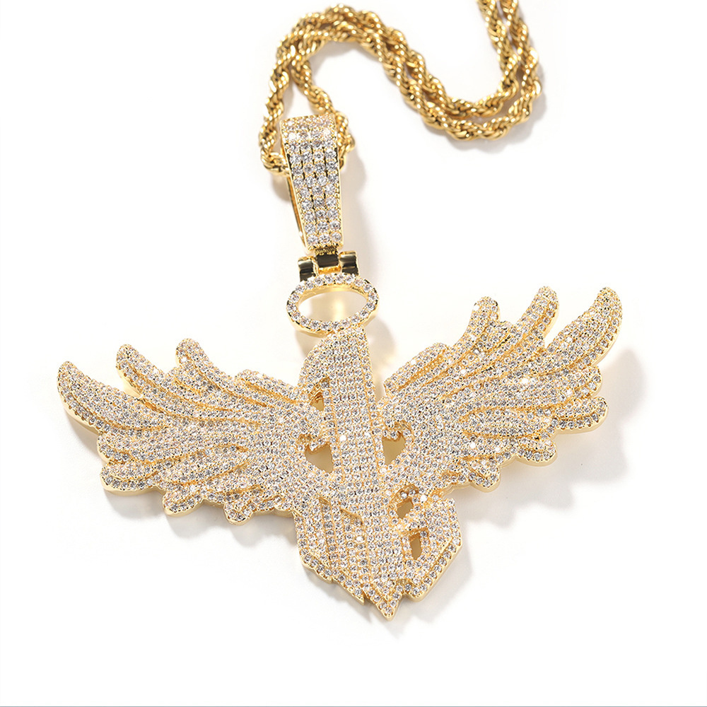 Gu Meng Hip Hop New Digital 1 Big Winged Pendant for Men's Cool Copper Set Zircon Fashion Street Necklace Trend