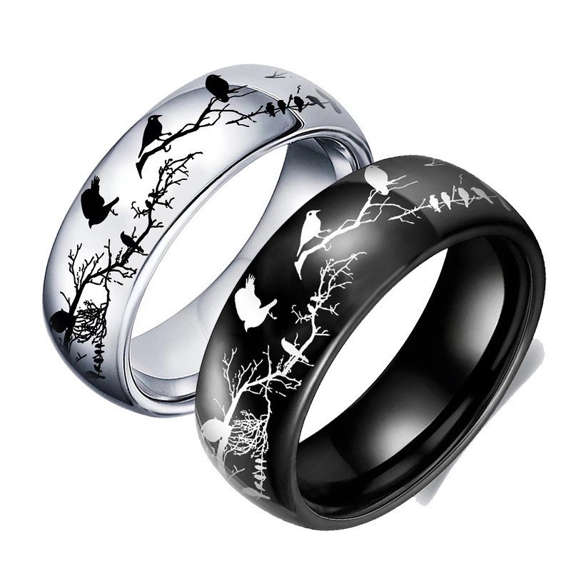 Best-Selling Cross-Border Titanium Steel Couple Rings Silver Stainless Steel Bird Branches Design Wedding Animal Enthusiasts