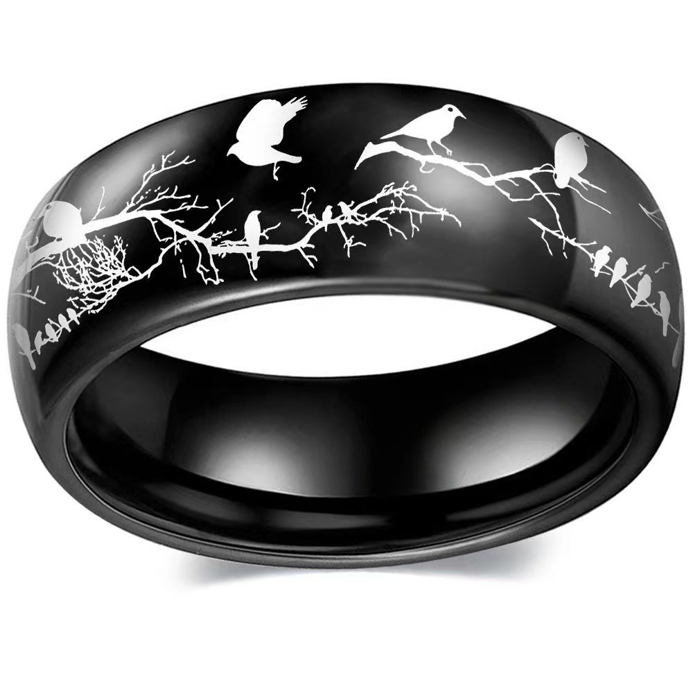 Best-Selling Cross-Border Titanium Steel Couple Rings Silver Stainless Steel Bird Branches Design Wedding Animal Enthusiasts