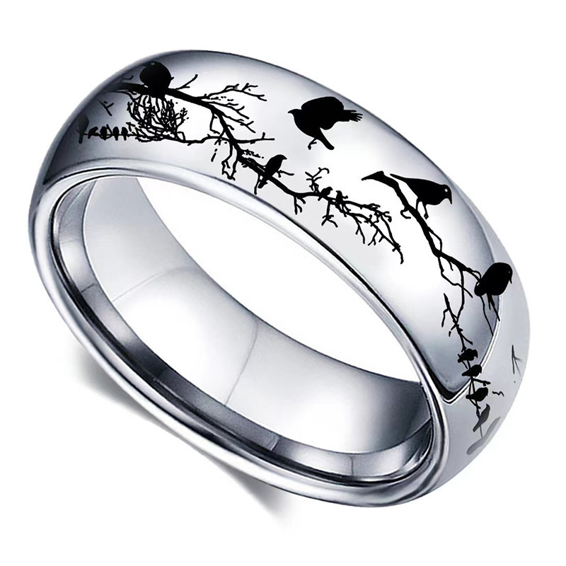 Best-Selling Cross-Border Titanium Steel Couple Rings Silver Stainless Steel Bird Branches Design Wedding Animal Enthusiasts