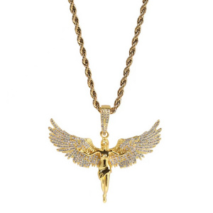 Hip Hop Personality Trendy Angel Necklace Copper Set Zircon Goddess Spreading Wings Pendant Rap Trendy Men's Necklace