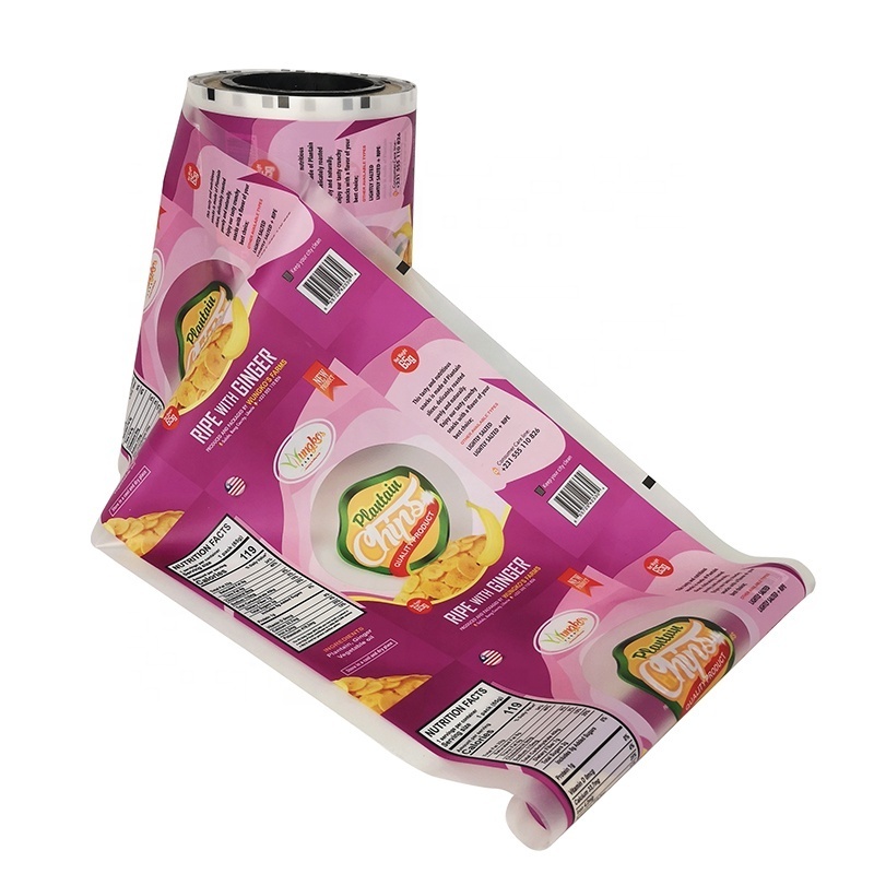 Plastic custom printed banana chips sachet automatic food grade snack packaging roll film 65g plantain chips packaging pouches