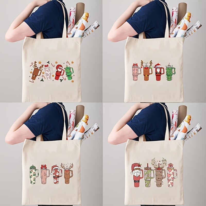 1pcRetro obsession cup disorder Christmas pattern Tote Canvas Personalized Shoulder Bag For Travel Women's Reusable Shopping Bag