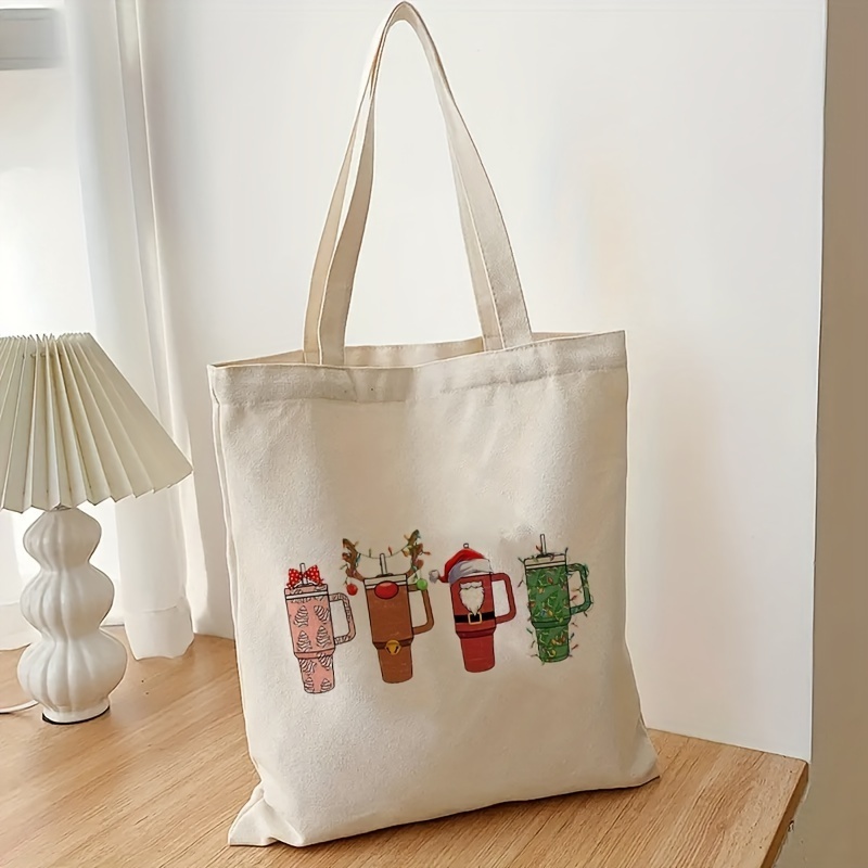 1pcRetro obsession cup disorder Christmas pattern Tote Canvas Personalized Shoulder Bag For Travel Women's Reusable Shopping Bag