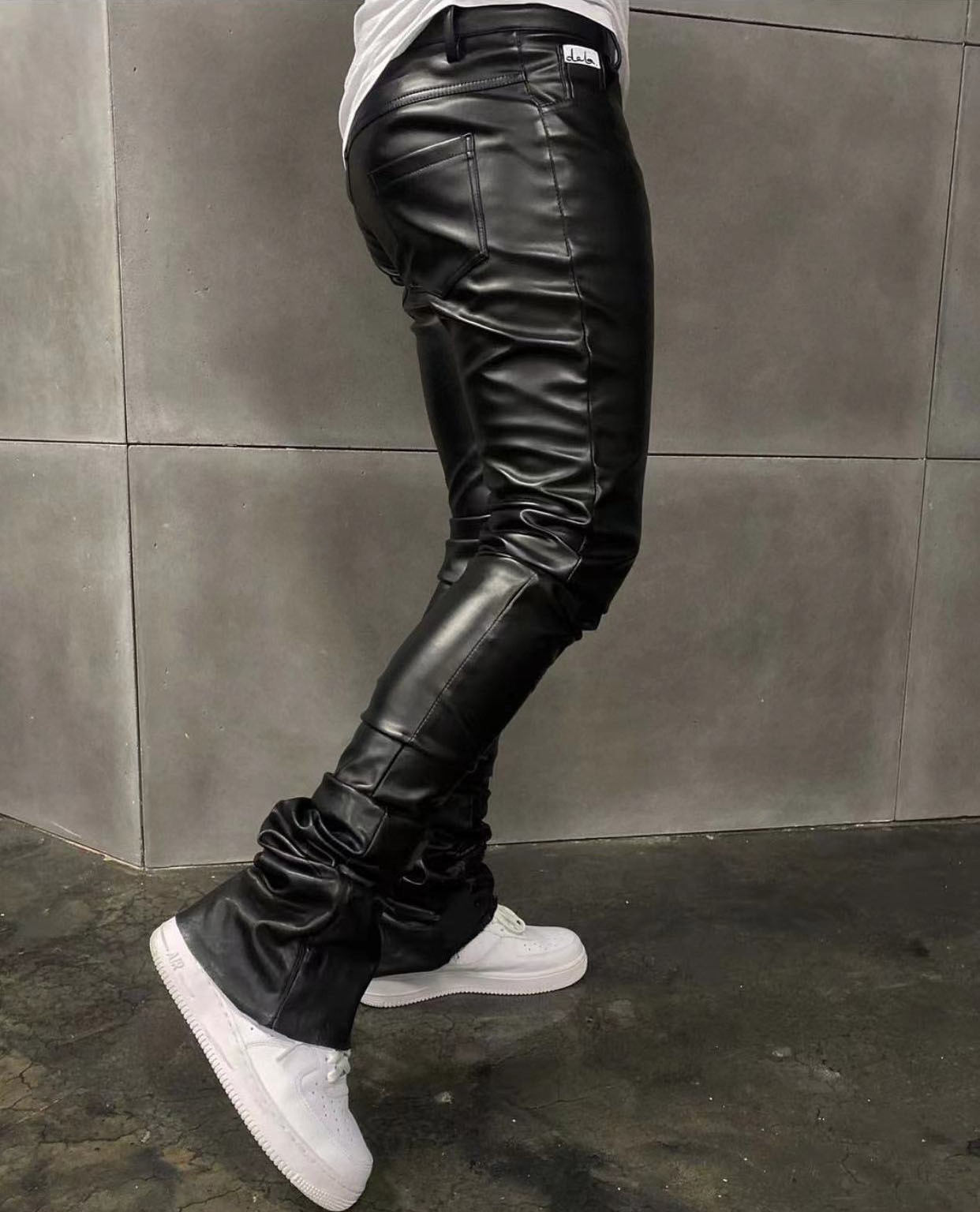 Mens PU Leather Skinny Fit Elastic Fashion Trousers Motorcycle Pants Thin Streetwear Leather Stacked Flare Pants For Men