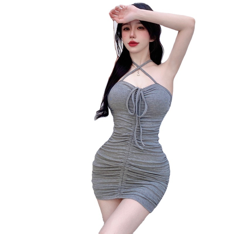 Young Women Uniform New Stretchy  Grey Sexy Halter Slip Short Dress Trending Models Of The Season