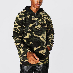 Men Camo Jacquard  Borg Zip Neck Sherpa Fleece Hoodie with Contrast Black Hood Pullover