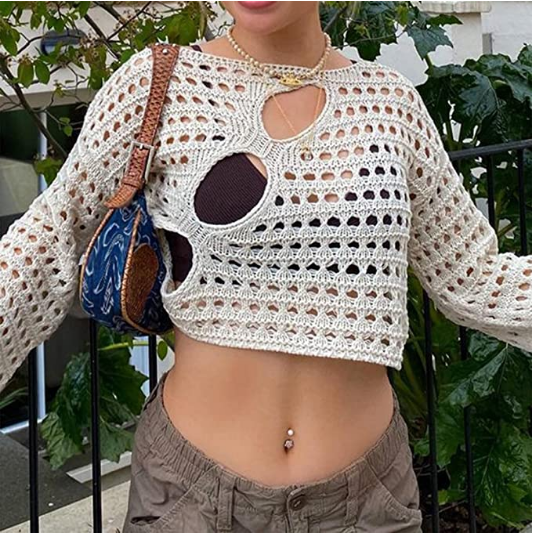 custom women Long Sleeve Knit Top Hollow Out Crochet Sweater Cover Up Big Net Hole Pullovers