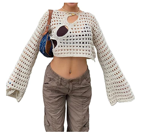 custom women Long Sleeve Knit Top Hollow Out Crochet Sweater Cover Up Big Net Hole Pullovers