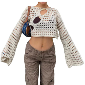 custom women Long Sleeve Knit Top Hollow Out Crochet Sweater Cover Up Big Net Hole Pullovers