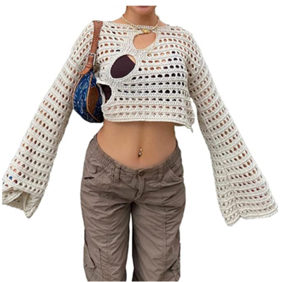 custom women Long Sleeve Knit Top Hollow Out Crochet Sweater Cover Up Big Net Hole Pullovers