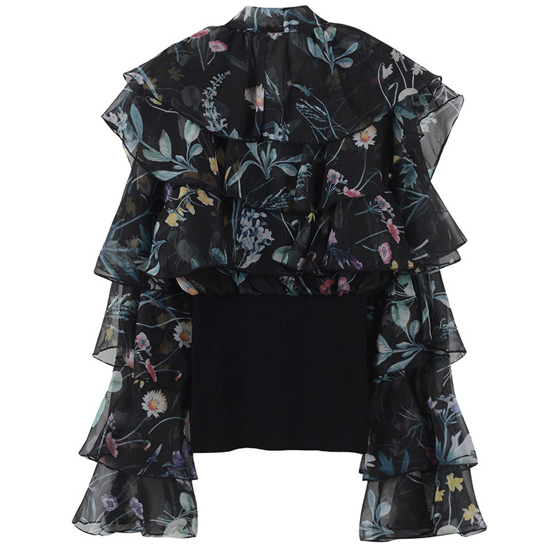 Chiffon Blouse Floral Ruffle Long Sleeve Chiffon Shirt Wear Shirts Elegant Lady Casual Blouses Ribbed Bottom Sweater Plus Size