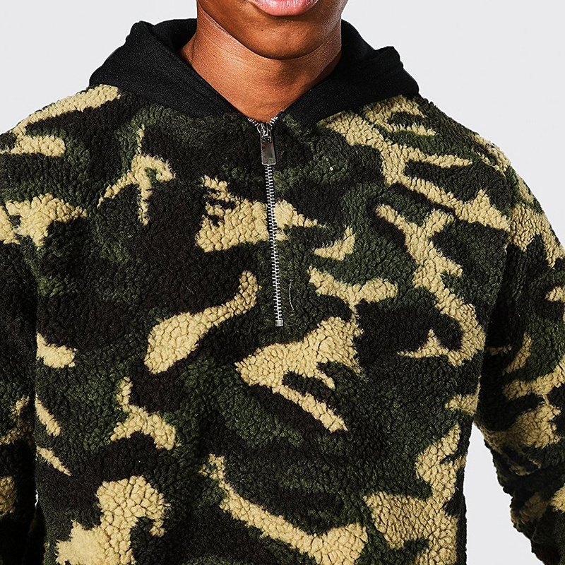 Men Camo Jacquard  Borg Zip Neck Sherpa Fleece Hoodie with Contrast Black Hood Pullover