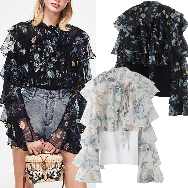 Chiffon Blouse Floral Ruffle Long Sleeve Chiffon Shirt Wear Shirts Elegant Lady Casual Blouses Ribbed Bottom Sweater Plus Size