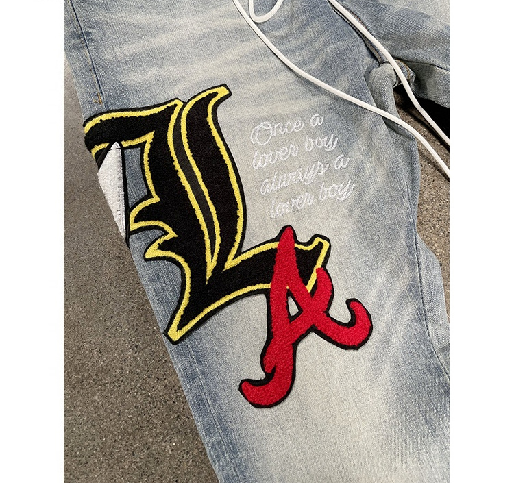 Custom Chenille Embroidery Patch Varsity Jacket In Jean Men Pants