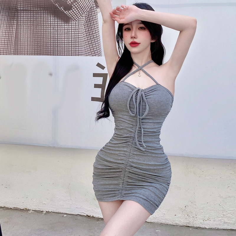 Young Women Uniform New Stretchy  Grey Sexy Halter Slip Short Dress Trending Models Of The Season