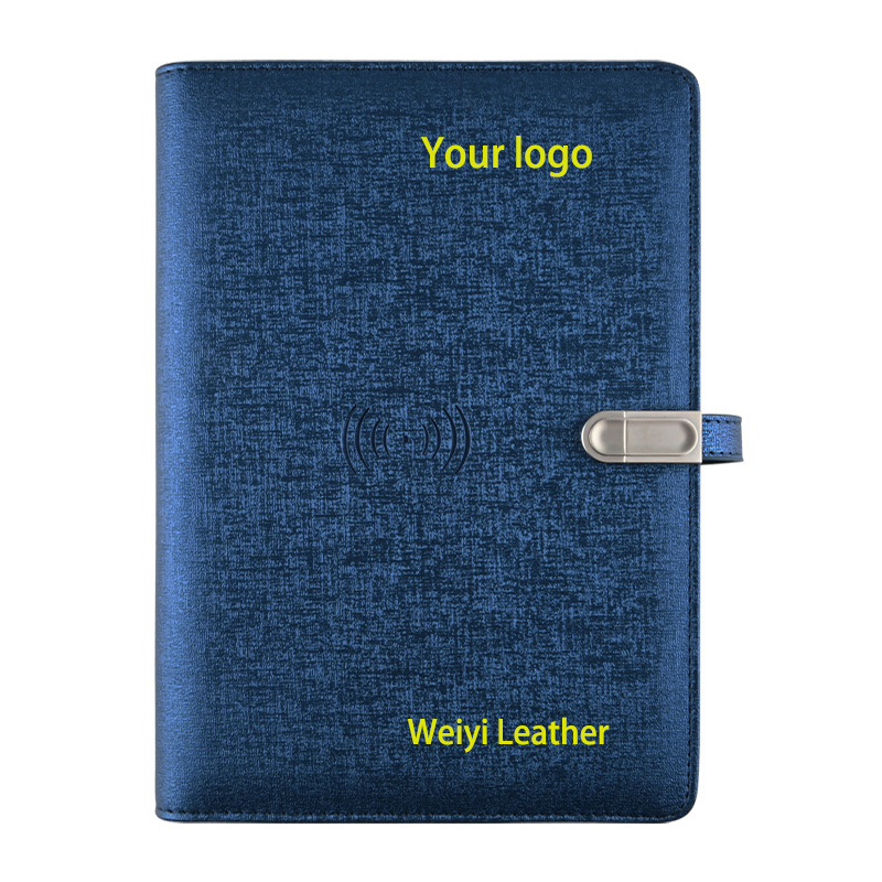 Custom logo Diary notebook with powerbank and card organizer album pocket wireless charger leather notebook agenda